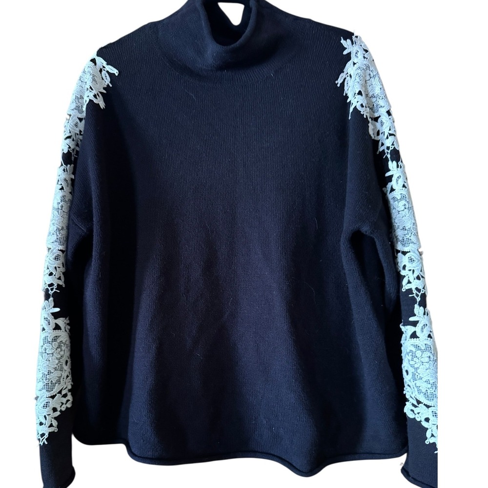 G by Giuliana Black Turtleneck Sweater with Lace Sleeves - Women's